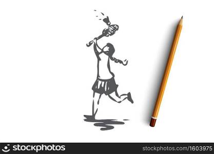 Girl, badminton, racket, game, sport concept. Hand drawn little girl plays badminton concept sketch. Isolated vector illustration.. Girl, badminton, racket, game, sport concept. Hand drawn isolated vector.