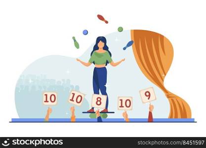 Girl balancing and juggling with balls and skittles. Judges rising signs with scores flat vector illustration. Talent show, performance concept for banner, website design or landing web page
