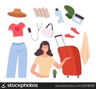 Girl base travel stuff. Female baggage, bag and suitcase, map and fashion clothes. Happy woman go to vacation vector concept. Baggage female, vacation and travel illustration. Girl base travel stuff. Female baggage, bag and suitcase, map and fashion clothes. Happy woman go to vacation vector concept