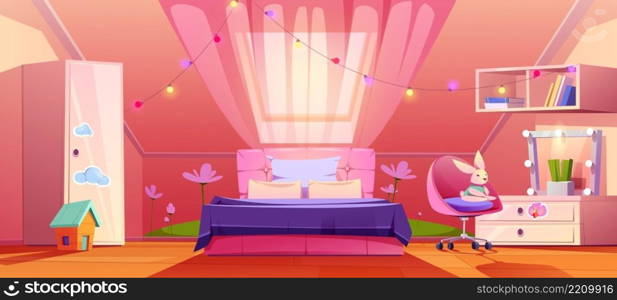 Girl bedroom interior on attic, cute mansard room in pink colors with bed, curtained window, cupboard with stickers, bookshelf, hanging garland and toys and ceiling window, Cartoon vector illustration. Girl bedroom interior on attic, cute mansard room