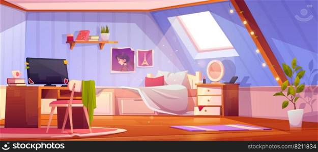 Girl bedroom interior on attic. Vector cartoon mansard teenager room with unmade bed, workspace for study with desk and computer, books and pictures on wall. Vector cartoon girl bedroom interior on attic