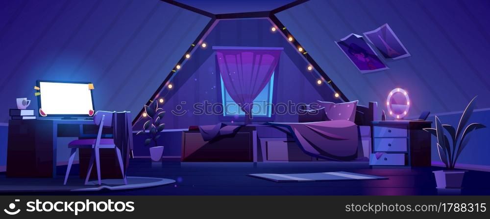 Girl bedroom on attic at night. Vector cartoon mansard teenager room interior with unmade bed, desk with glowing computer screen, mirror on nightstand, plants and light bulbs under roof. Girl bedroom interior on attic at night
