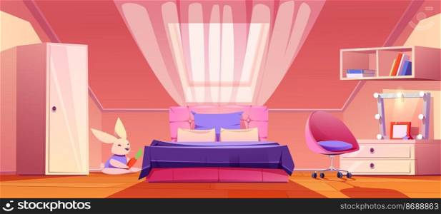 Girl bedroom on attic with bed, cupboard, bookshelf, chair and dresser. Vector cartoon illustration of empty kids mansard room interior with books, mirror and plush rabbit toy. Girl bedroom on attic with bed, cupboard, dresser