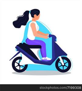 Girl biker vector. Motorcyclist is driving scooter. Woman is riding moped illustration.. Girl biker vector. Motorcyclist is driving scooter. Woman is riding moped