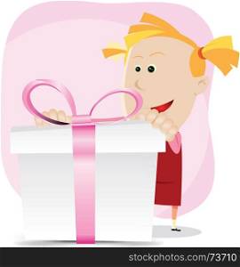 Girl Birthday. Illustration of a cartoon amazed young girl holding a gift box with pink ribbons