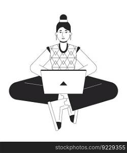 Girl blogger typing on laptop bw vector spot illustration. Writer sitting with notebook 2D cartoon flat line monochromatic character on white for web UI design. Editable isolated outline hero image. Girl blogger typing on laptop bw vector spot illustration