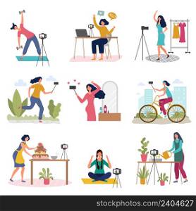 Girl blogging. Female broadcasting production beauty blog recording video in self studio recent vector illustrations in flat style. Woman tutorial media, video vlog, makeup online. Girl blogging. Female broadcasting production beauty blog recording video in self studio recent vector illustrations in flat style