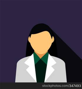 Girl brunette in a gray suit icon in flat style on a violet background. Girl brunette in a gray suit icon, flat style