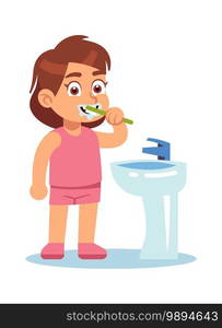 Girl brushing teeth. Cute child in bathroom morning and evening routine, dental care with toothbrush and fresh toothpaste, body oral care and hygiene concept vector flat cartoon isolated character. Girl brushing teeth. Cute child in bathroom morning and evening routine, dental care with toothbrush and fresh toothpaste, oral care and hygiene concept vector flat cartoon character