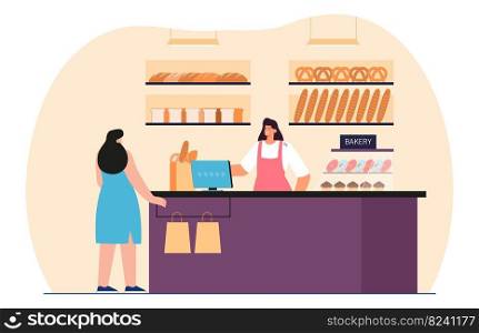 Girl buying bread at bakery shop flat vector illustration. Female seller serving customer. Client standing at counter. Woman choosing fresh cakes and cookies. Business, store concept