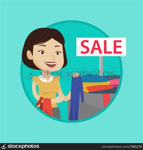 Girl buying clothes at store on sale. Caucasian woman choosing clothes in shop on sale. Girl shopping in clothing shop during sale. Vector flat design illustration in the circle isolated on background. Young woman choosing clothes in shop on sale.