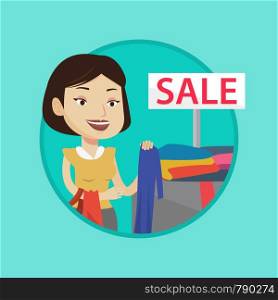 Girl buying clothes at store on sale. Caucasian woman choosing clothes in shop on sale. Girl shopping in clothing shop during sale. Vector flat design illustration in the circle isolated on background. Young woman choosing clothes in shop on sale.