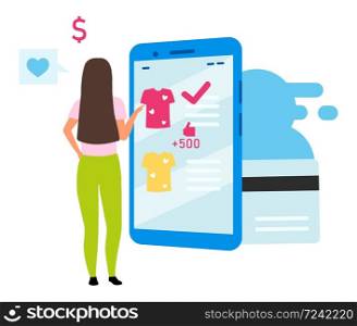 Girl buying clothes online flat vector illustration. Shopaholic, woman choosing t-shirt using mobile shopping application cartoon character. Digital purchase. Consumerism and merchandise
