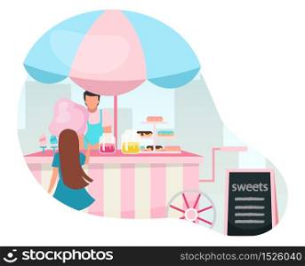 Girl buying cotton candy at street food cart flat vector illustration. Sweets and candy trolley. Outdoor confectionery, bakery. Summer festival, carnival pink market stall with confections and pastry
