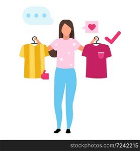 Girl buying t shirt flat vector illustration. Woman making decision, consumer in mall buying clothes cartoon character. Customer in clothing store doing purchases. Consumerism and merchandise