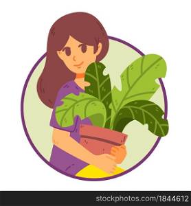 Girl caring houseplants. Daily life and everyday routine scene by a young woman. Cultivating potted plants. Female character enjoying her hobby. Vector illustration isolated on white background.
