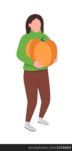 Girl carrying pumpkin semi flat color vector character. Dynamic figure. Full body person on white. Harvest fest isolated modern cartoon style illustration for graphic design and animation. Girl carrying pumpkin semi flat color vector character