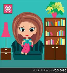 Girl cartoon reads the book on a sofa.