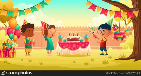 Girl celebrate birthday with friends, receive gift on house backyard with decoration, festive cake with candles. Little child in hat get present from guests. Children party Cartoon vector illustration. Girl celebrate birthday with friends, receive gift