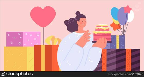 Girl celebrating birthday. Teen with cake and gifts, woman online party. Single female character eating dessert, virtual event utter vector metaphor. Ilustration of girl birthday party celebration. Girl celebrating birthday. Teen with cake and gifts, woman online party. Single female character eating dessert, virtual event utter vector metaphor