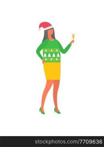 Girl celebrating Christmas, woman in skirt and sweater with Xmas trees, Santa Claus hat and glass of ch&agne. Vector female in flat design isolated.. Girl Celebrating Christmas Woman in Skirt, Sweater