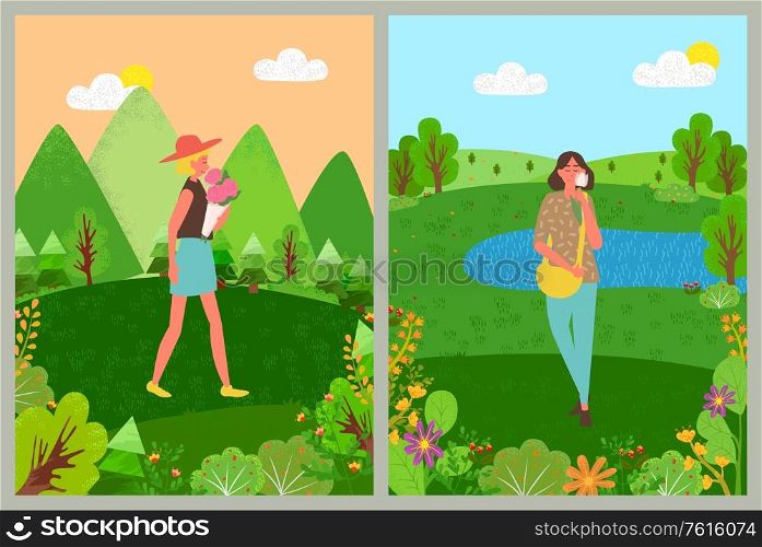 Girl character holding flower or bouquet, woman holding blossom, standing outdoor near trees, landscape view, green nature, womens holiday vector. Womens Holiday, Female with Bouquet, Nature Vector