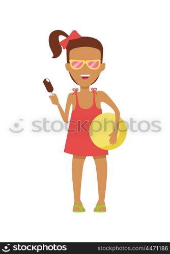 Girl Character in Dress and Sunglasses Illustration. Girl character in dress and sunglasses with ice-cream and ball vector flat design illustration. Smiling child ready for summer camp ant beach entertainments standing isolated on white background.