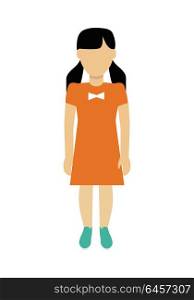 Girl Character Template Vector Illustration.. Child character without face in orange dress vector in flat design. Girl template personage figure illustration for child concepts, fashion app, logos, infographic. Isolated on white background.