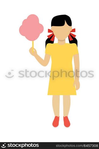 Girl Character Template Vector Illustration.. Child character without face with cotton candy in yellow dress vector. Flat design. Girl template personage illustration for child concepts, fashion app, logos, infographic. Isolated on white.