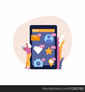 Girl checking social network push notification. Woman holding cellphone with app icons with emails, friends, photoes, favorites. Isolated vector illustration concept of smartphone with notifications.. Girl checking social network push notification. Beautiful female blogger holding cellphone with app icons around. Social network addiction. Isolated vector illustration.