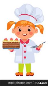 Girl chef with baked cake. Kid cooking dessert isolated on white background. Girl chef with baked cake. Kid cooking dessert