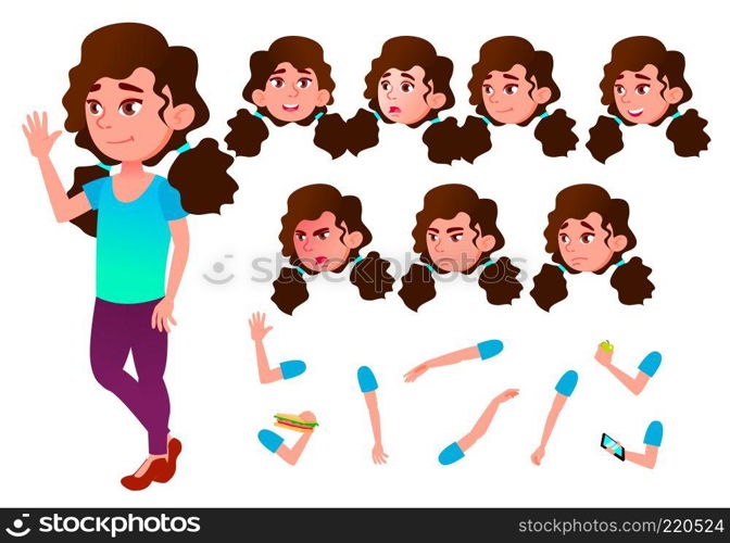 Girl, Child, Kid, Teen Vector. Schoolchild. Lecture. Face Emotions, Various Gestures Animation Creation Set Isolated Flat Illustration. Girl, Child, Kid, Teen Vector. Schoolchild. Lecture. Face Emotions, Various Gestures. Animation Creation Set. Isolated Flat Cartoon Character Illustration