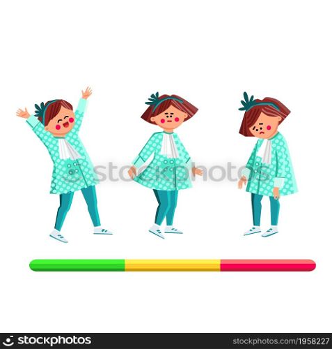 Girl Child Mood Laugh, Smile And Unhappy Vector. Happy Schoolgirl Celebrating, Posing In Cute Dress And Sad, Positive And Negative Mood. Character Change Emotion Flat Cartoon Illustration. Girl Child Mood Laugh, Smile And Unhappy Vector