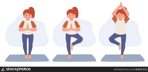 girl child practicing yoga, standing in Vrksasana exercise with namaste, Tree pose, working out.children and healthy lifestyle sport vector illustration.