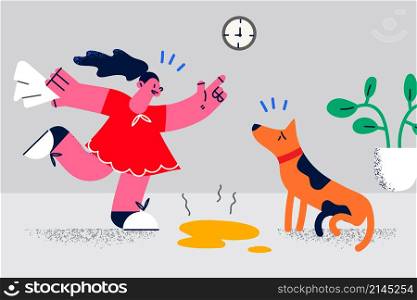 Girl child scold lecture puppy for peeing indoors. Kid train dog not pee in room. Domestic animal or pet bad behavior. Flat vector illustration, cartoon character. . Girl scold puppy for peeing indoors