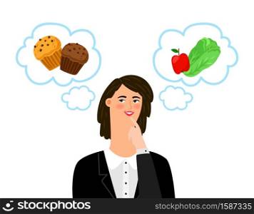 Girl chooses between unhealthy and healthy food. Diet, dietology vector concept. Illustration of girl choosing unhealthy nutrition and dieting. Girl chooses between unhealthy and healthy food. Diet, dietology vector concept