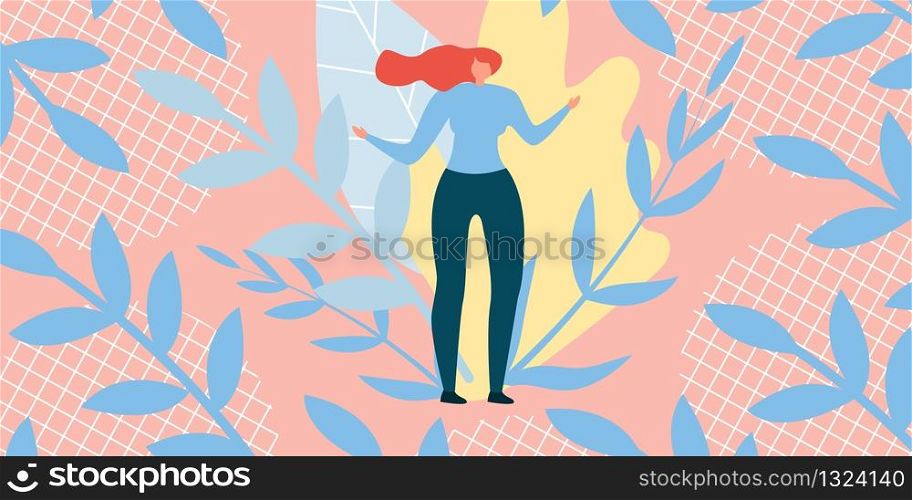 Girl Chooses How to Relax in Summer Illustration. Horizontal Flat Banner on Center Girl in Casual Clothes Spreads his Hands on Bright Background. Poster Young Woman Waiting for Rest.