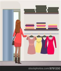Girl chooses outfit in wardrobe at home or in boutique. Wardrobe with clothes on hangers and on shelves. Woman in dress chooses garment while shopping. Lady looks at clothes in clothing store. Girl chooses outfit in wardrobe at home or in boutique. Lady in dress chooses garment while shopping