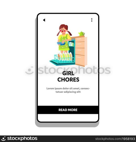 Girl Chores And Help Parents In Kitchen Vector. Daughter Girl Chores And Helping, Putting Dishes In Dishwasher Equipment. Character Child Housekeeping At Home Web Flat Cartoon Illustration. Girl Chores And Help Parents In Kitchen Vector