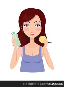Girl Clean her Face with Lotion and Sponge. Cleansing. Girl clean her face with lotion. Cleaning with help of sponge. Woman instruction how to make up correctly. Girl cares about her look. Part of series of ladies face care. Vector illustration