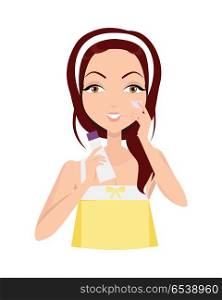 Girl Clean her Face with Lotion and Sponge. Cleansing. Girl clean her face with lotion. Cleaning with help of sponge. Woman instruction how to make up correctly. Girl cares about her look. Part of series of face care. Vector illustration