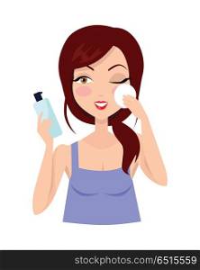 Girl Cleaning and Care Her Face. Girl cleaning and care her face, facial, treatment, beauty, healthy, hygiene, lifestyle. Cleaning makeup. Skin care. Beautiful woman in process of washing face. Girl in blue shirt