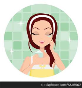 Girl Cleaning and Care Her Face. Girl cleaning and care her face, facial, treatment, beauty, healthy, hygiene, lifestyle. Cleaning makeup. Skin care. Beautiful woman in process of washing face. Girl in yellow shirt