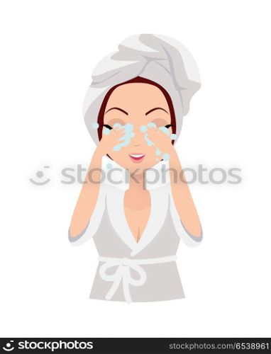 Girl Cleaning and Care Her Face. Girl cleaning and care her face, facial, treatment, beauty, healthy, hygiene, lifestyle. Young woman after morning shower in a bathroom. Skin care. Girl in white bathrobe and towel on head