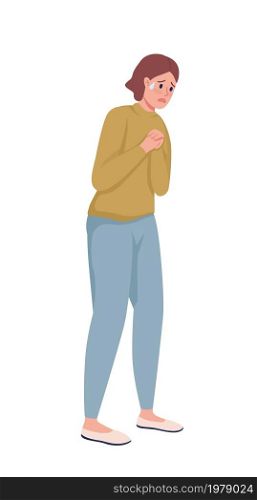 Girl clenches hands together semi flat color vector character. Standing figure. Full body person on white. Nervous situation isolated modern cartoon style illustration for graphic design and animation. Girl clenches hands together semi flat color vector character