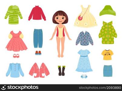 Girl clothes. Little funny character with garments. Paper doll for children play. Fashionable constructor. Isolated jackets and coats. Dresses and shoes. Seasonal outfits. Vector kid and clothing set. Girl clothes. Little funny character with garments. Paper doll for children play. Fashionable constructor. Seasonal jackets and coats. Dresses and shoes. Vector kid and clothing set