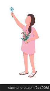 Girl collecting flowers for pressing semi flat color vector character. Standing figure. Full body person on white. Simple cartoon style illustration for web graphic design and animation. Girl collecting flowers for pressing semi flat color vector character