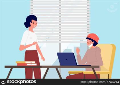 Girl communicating with guy in protective medical face mask looking at laptop in office room. People are working together during quarantine. Interior design of a living room with a workplace. Girl communicating with guy in protective medical face mask looking at laptop in office room