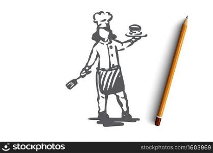 Girl, cook, pancakes, kitchen food concept. Hand drawn girl cooked pancakes concept sketch. Isolated vector illustration.. Girl, cook, pancakes, kitchen food concept. Hand drawn isolated vector.