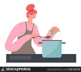 Girl cooking meal, mixing and tasting soup, isolated female character in kitchen with boiling liquid adding spices. Chef in restaurant or cafe, home kitchen preparation. Vector in flat style. Woman preparing soup, girl cooking meal and eating